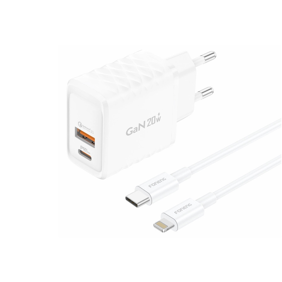 Síťová nabíječka FONENG EU56  GaN PD 20W USB-C + USB-A QC3.0 + USB-C / Lightning cable, white