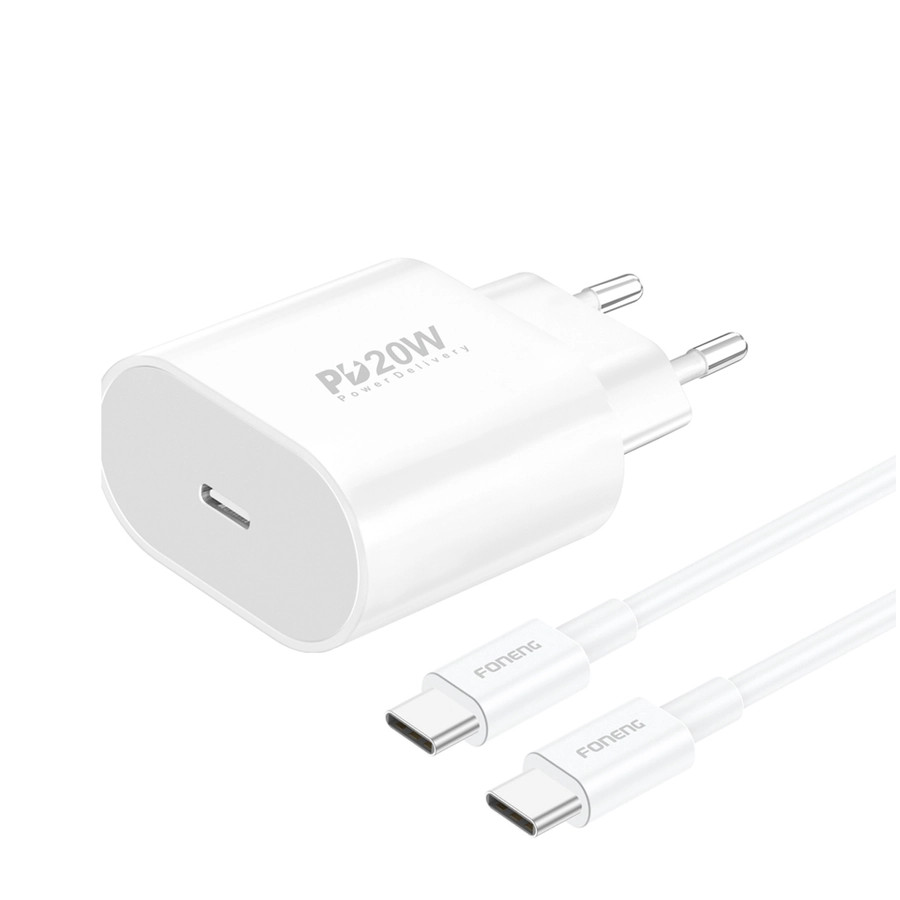Síťová nabíječka FONENG EU39 PD 20W USB-C + USB-C / USB-C cable, white