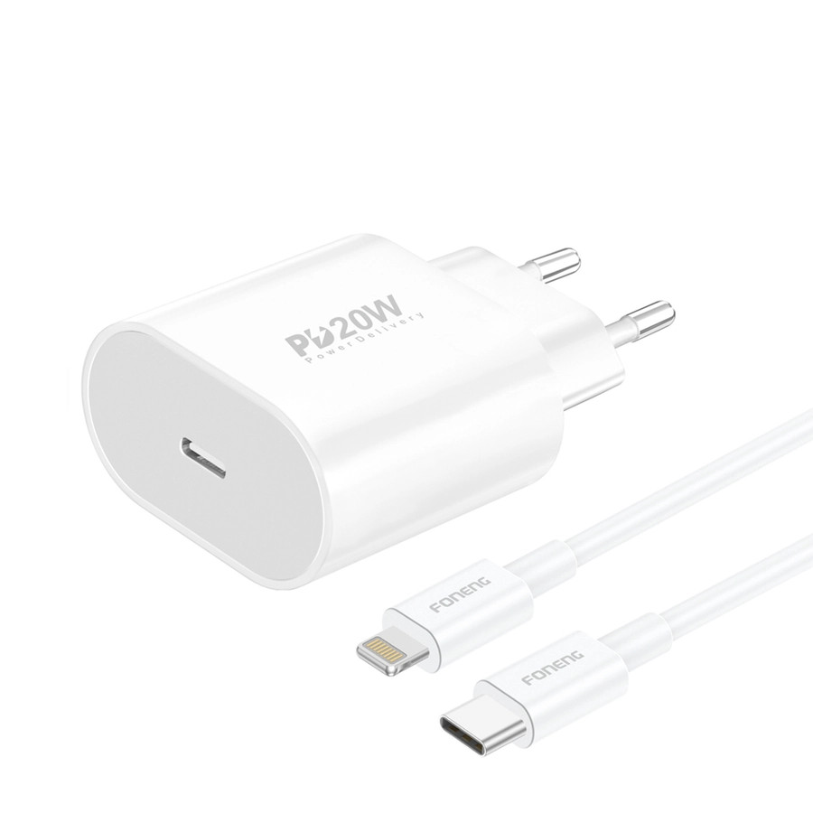 Síťová nabíječka FONENG EU39 PD 20W USB-C + USB-C / Lightning cable, white