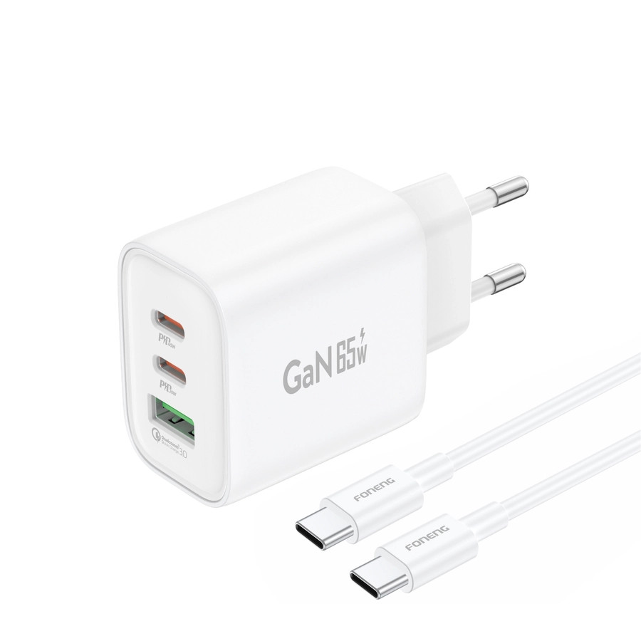 Síťová nabíječka FONENG GaN10-EU GaN PD 65W 2xUSB-C + USB-A QC3.0 + USB-C / USB-C cable, white