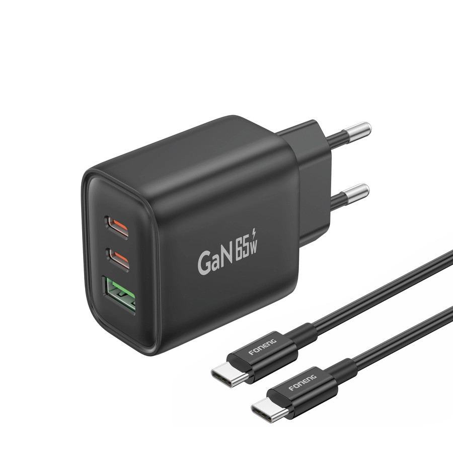 Síťová nabíječka FONENG GaN10-EU  GaN PD 65W 2xUSB-C + USB-A QC3.0 + USB-C / USB-C cable, black