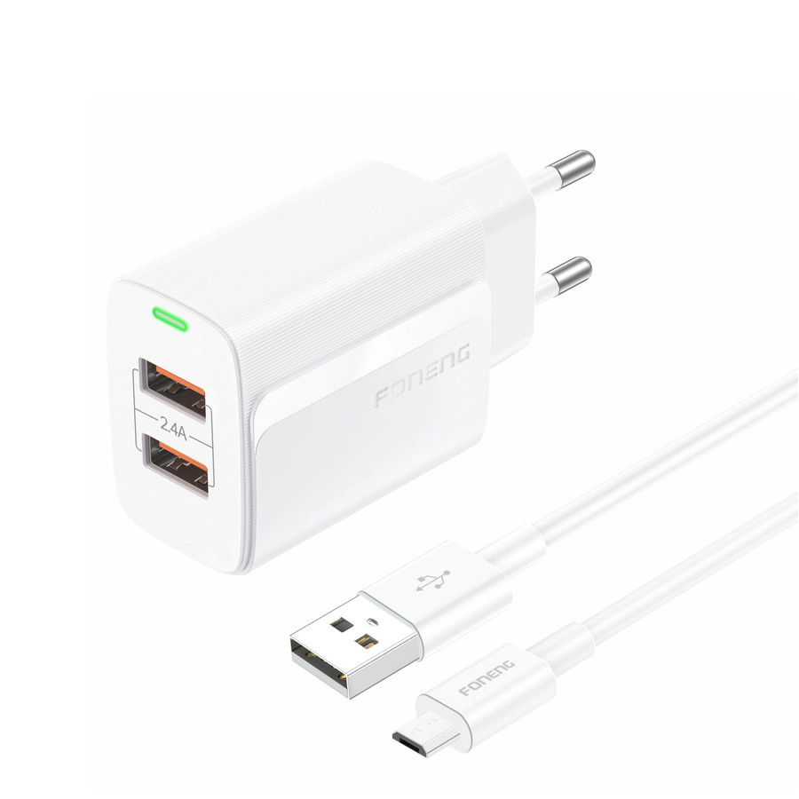 Síťová nabíječka FONENG EU63  2.4A 12W 2xUSB-A + MicroUSB cable, white