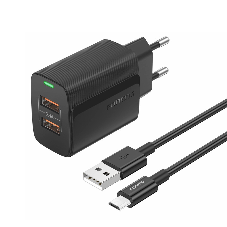 Síťová nabíječka FONENG EU63 2.4A 12W 2xUSB-A + MicroUSB cable, black