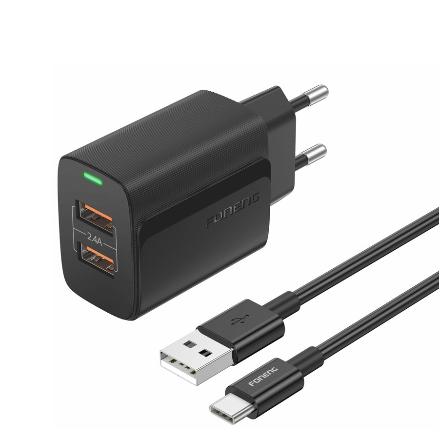Síťová nabíječka FONENG EU63  2.4A 12W 2xUSB-A + USB-C cable, black