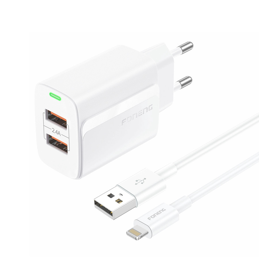 Síťová nabíječka FONENG EU63 2.4A 12W 2xUSB-A + Lightning cable, white