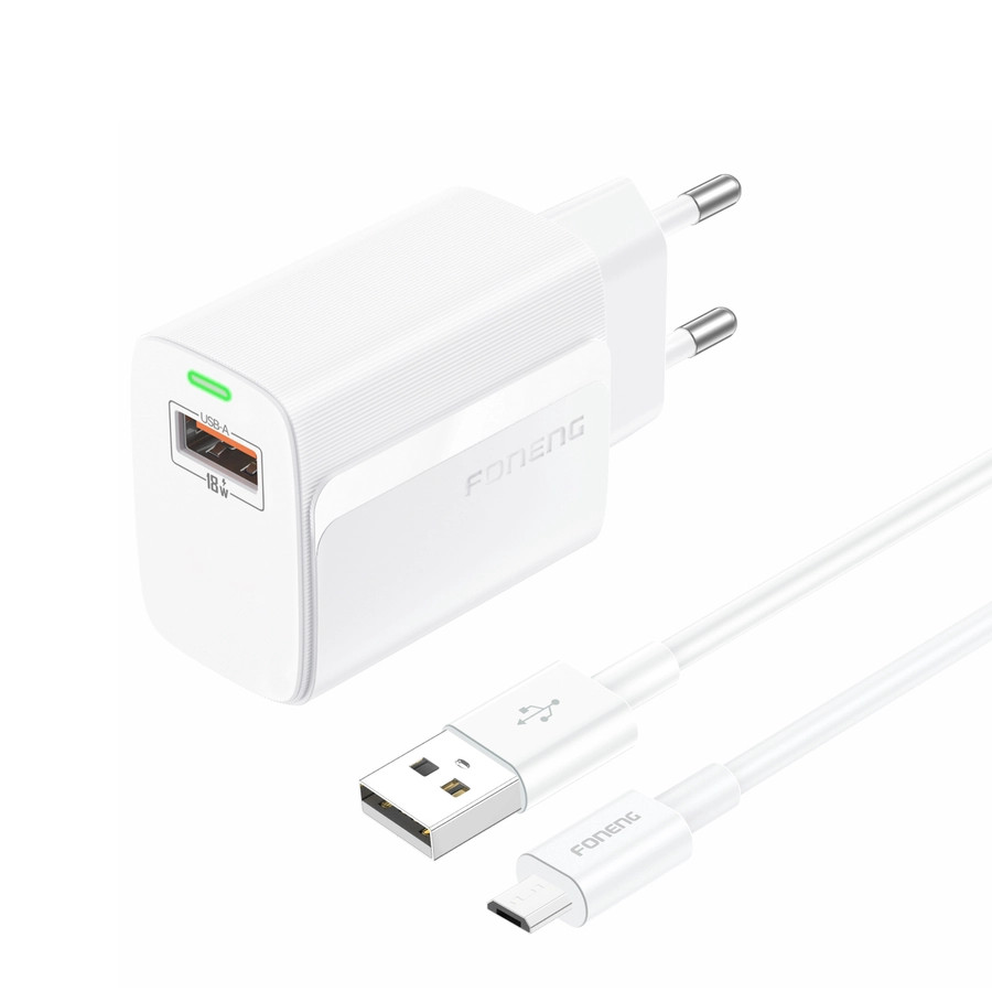 Síťová nabíječka FONENG EU64 18W USB-A QC3.0 + MicroUSB cable, white