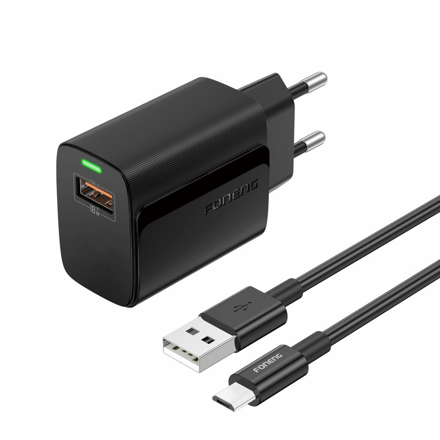 Síťová nabíječka FONENG EU64  18W USB-A QC3.0 + MicroUSB cable, black