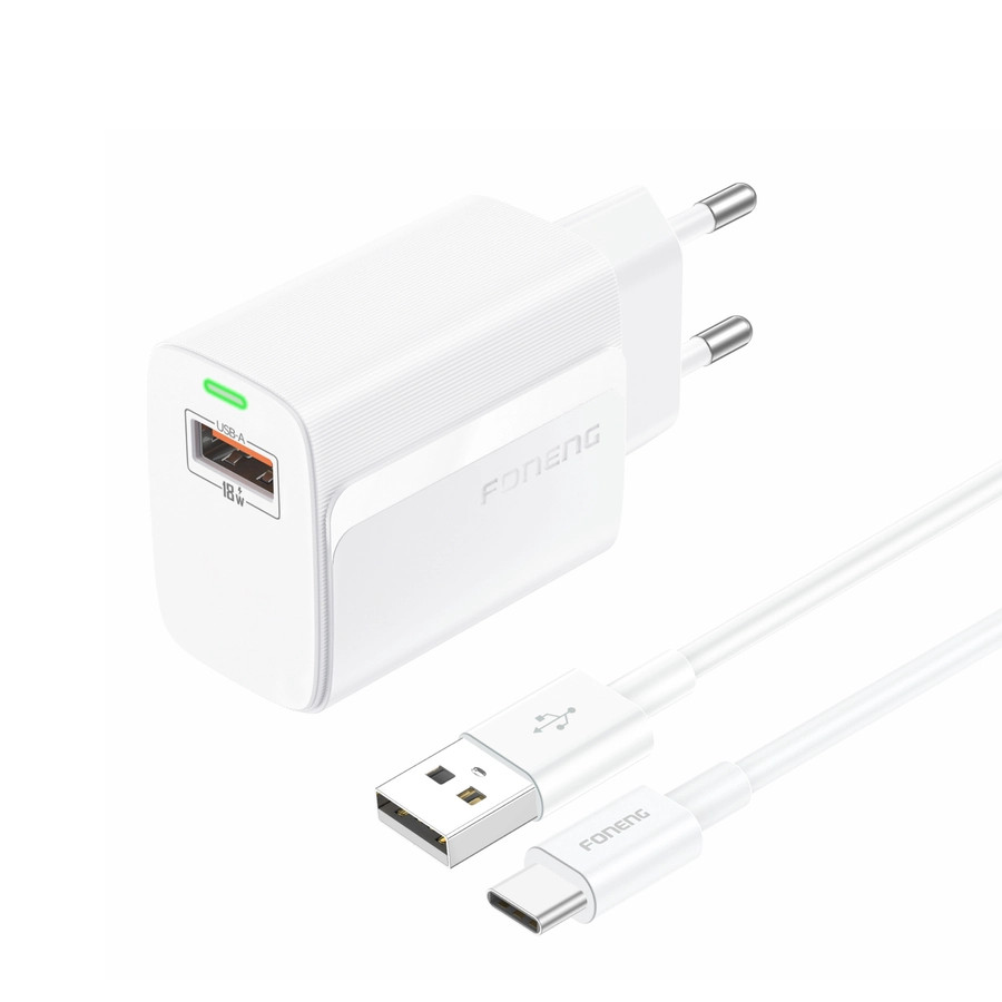 Síťová nabíječka FONENG EU64 18W USB-A QC3.0 + USB-C cable, white
