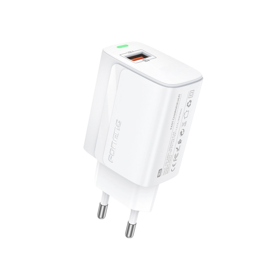 Síťová nabíječka FONENG EU64 18W USB-A QC3.0 + USB-C cable, white