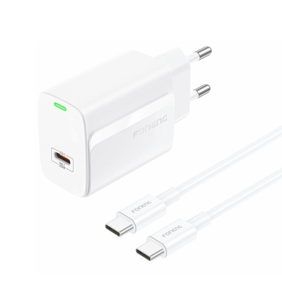 Síťová nabíječka FONENG EU65 PD 20W USB-C + USB-C / USB-C cable, white