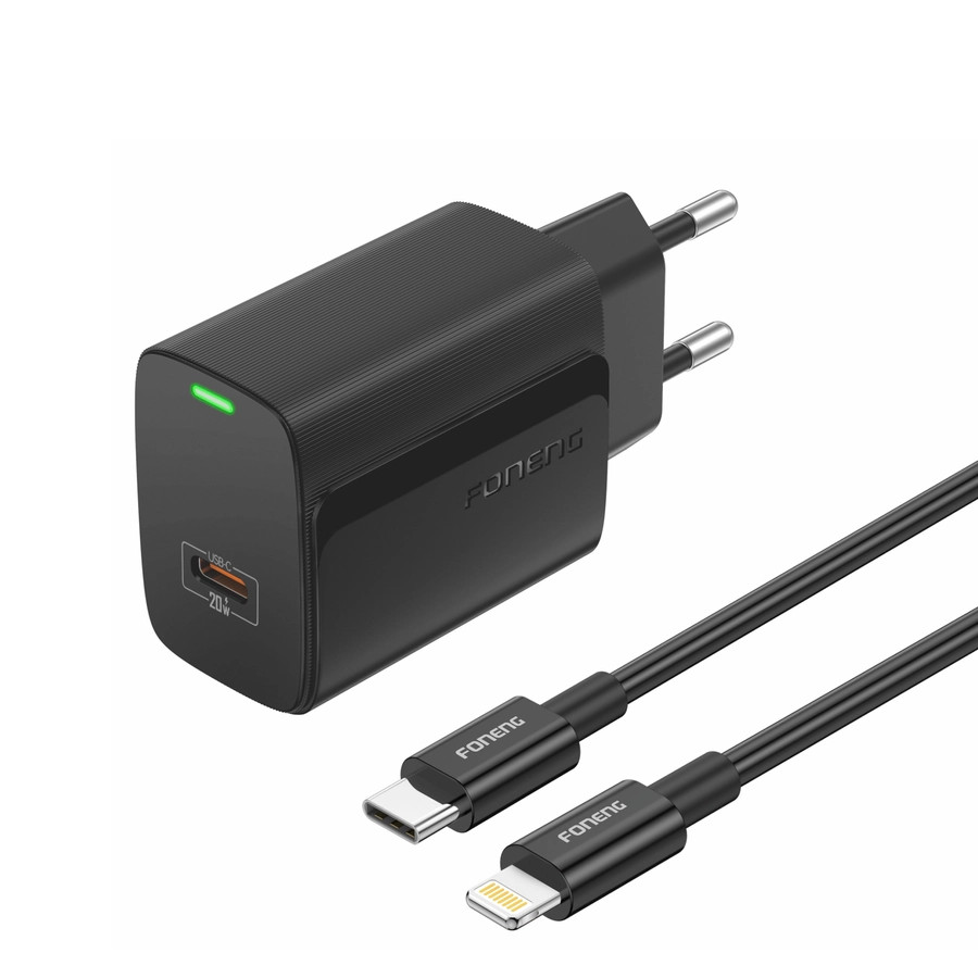 Síťová nabíječka FONENG EU65 PD 20W USB-C + USB-C / Lightning cable, black
