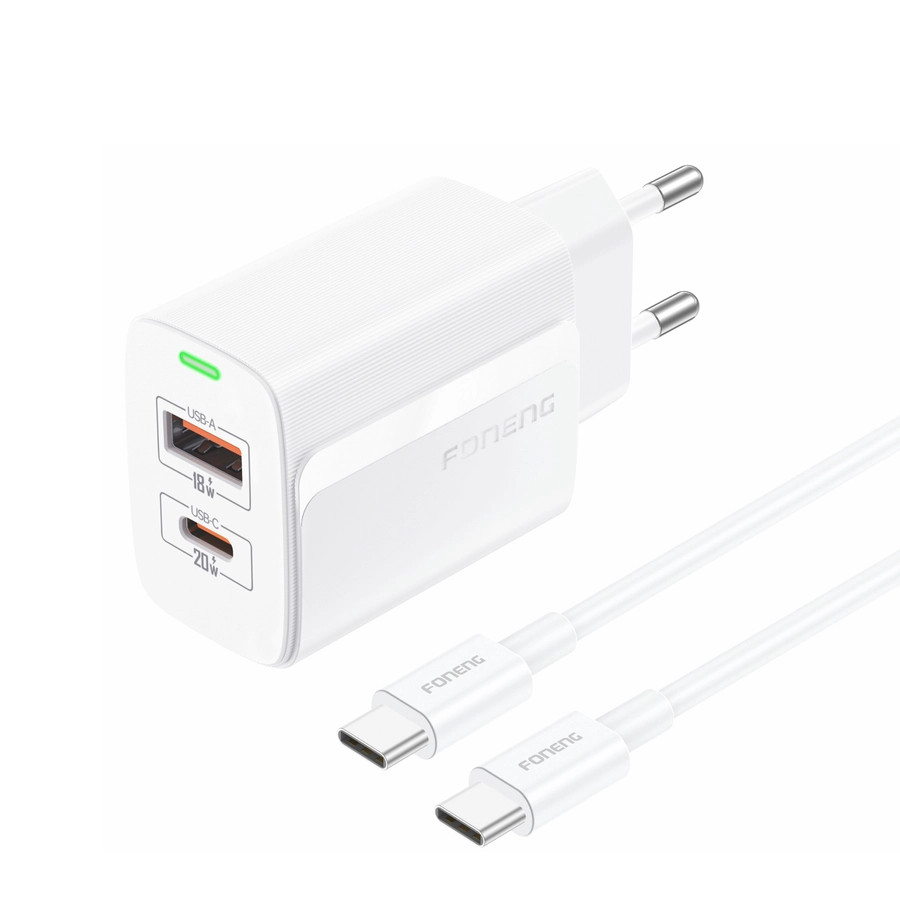Síťová nabíječka FONENG EU66  PD 20W USB-C + USB-A QC3.0 + USB-C / USB-C cable, white