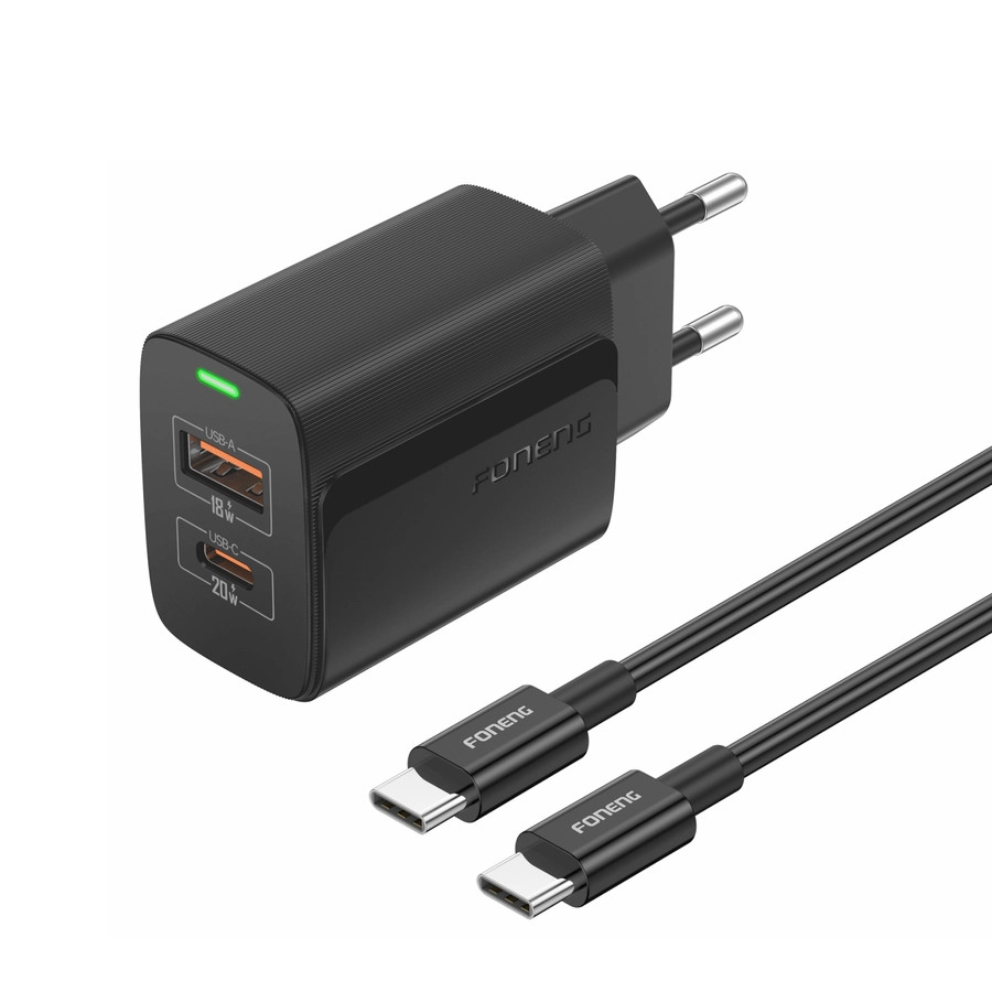 Síťová nabíječka FONENG EU66 PD 20W USB-C + USB-A QC3.0 + USB-C / USB-C cable, black