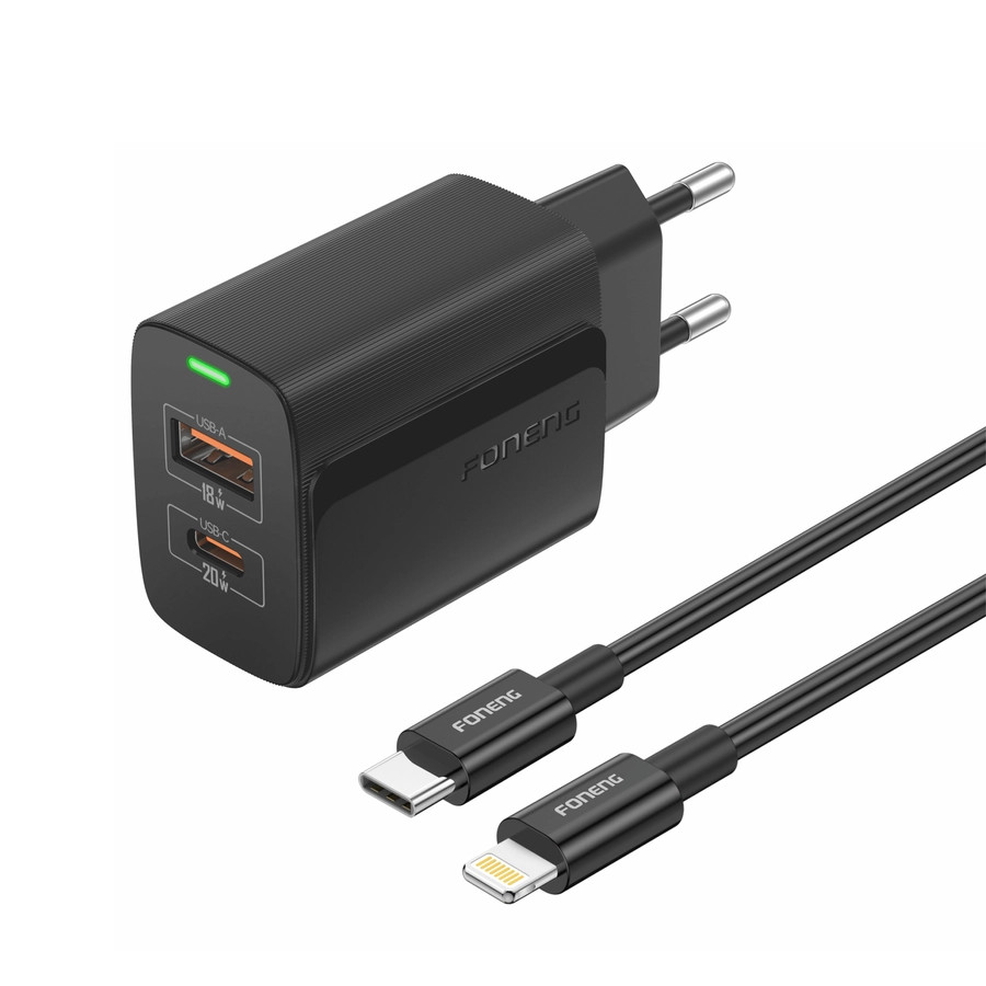 Síťová nabíječka FONENG EU66 PD 20W USB-C + USB-A QC3.0 + USB-C / Lightning cable, black