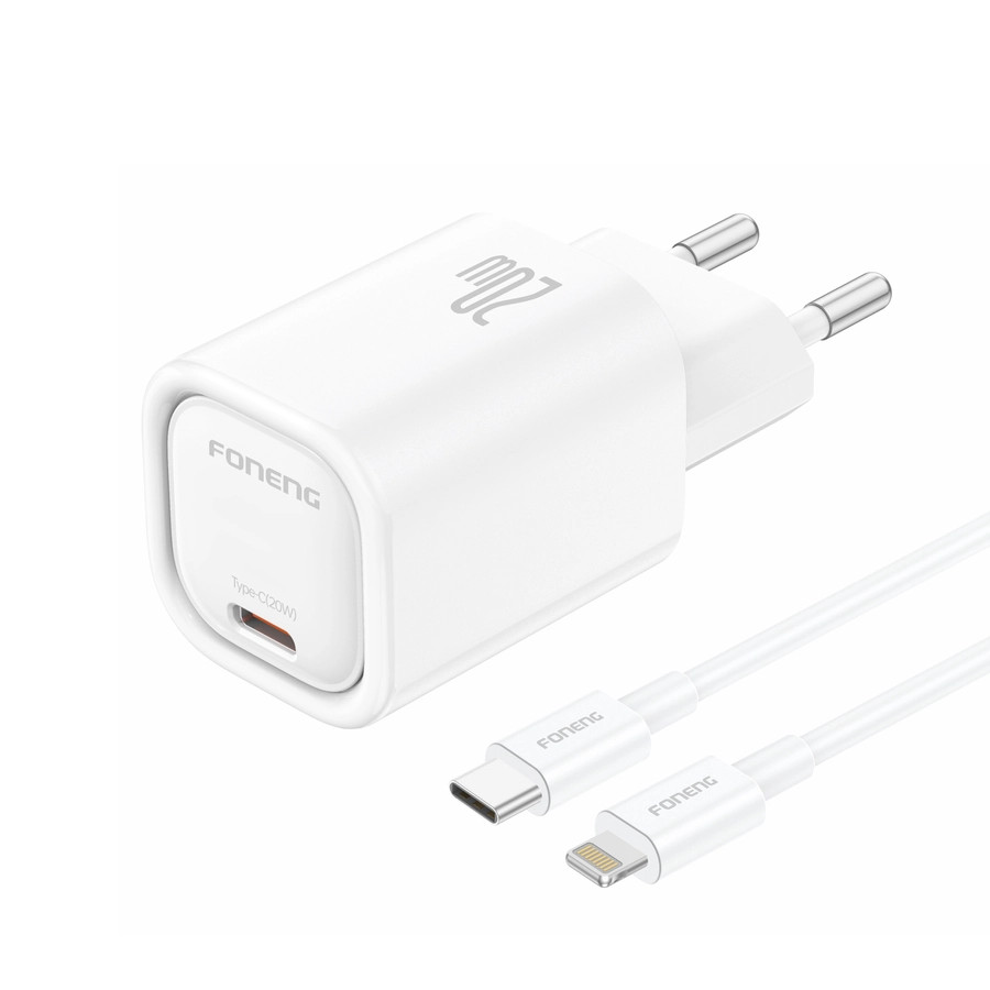 Síťová nabíječka FONENG EU69 PD 20W USB-C + USB-C / Lightning cable, white