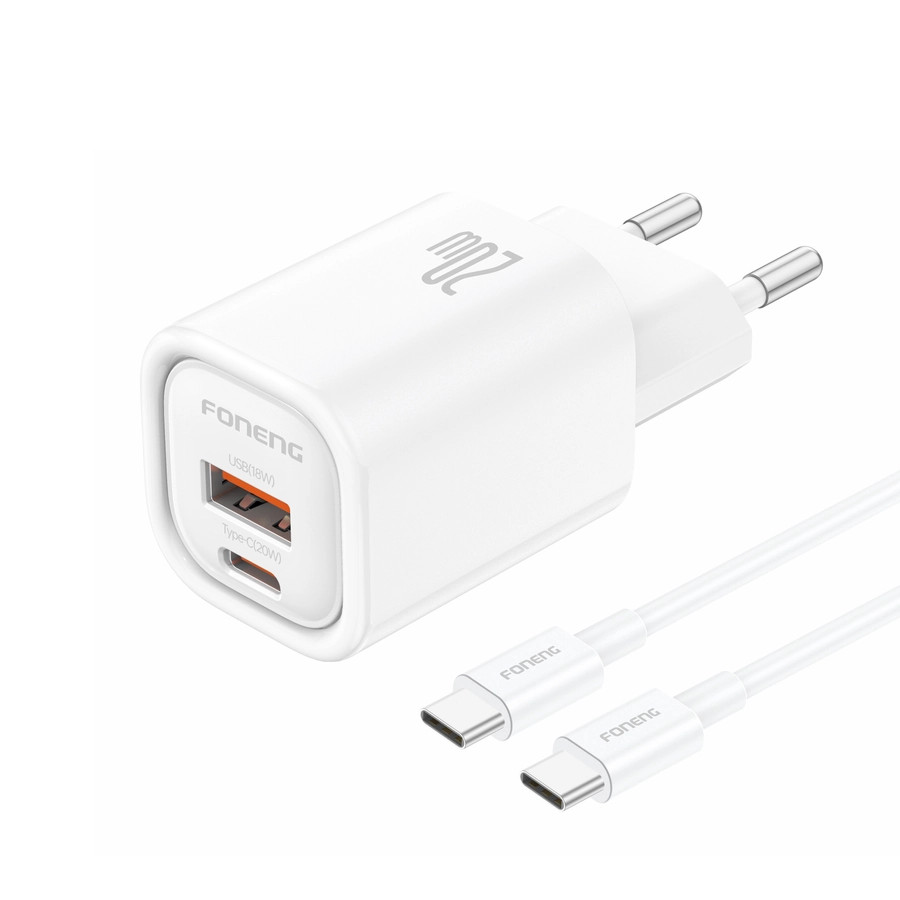Síťová nabíječka FONENG EU70  PD 20W USB-C + USB-A QC3.0 + USB-C / USB-C cable, white