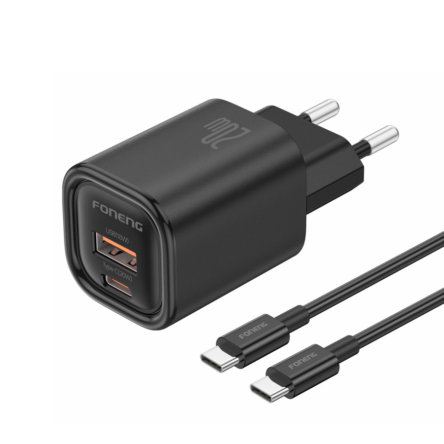 Síťová nabíječka FONENG EU70 PD 20W USB-C + USB-A QC3.0 + USB-C / USB-C cable, black