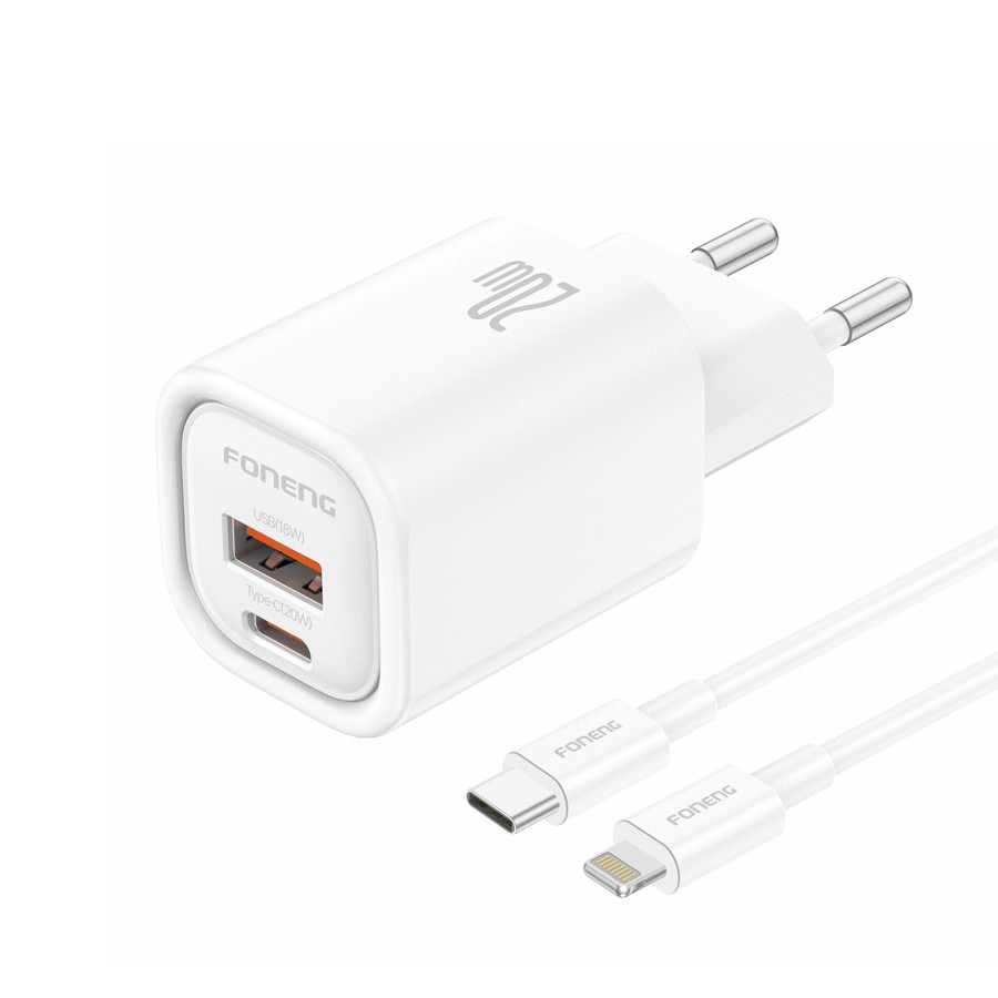 Síťová nabíječka FONENG EU70  PD 20W USB-C + USB-A QC3.0 + USB-C / Lightning cable, white
