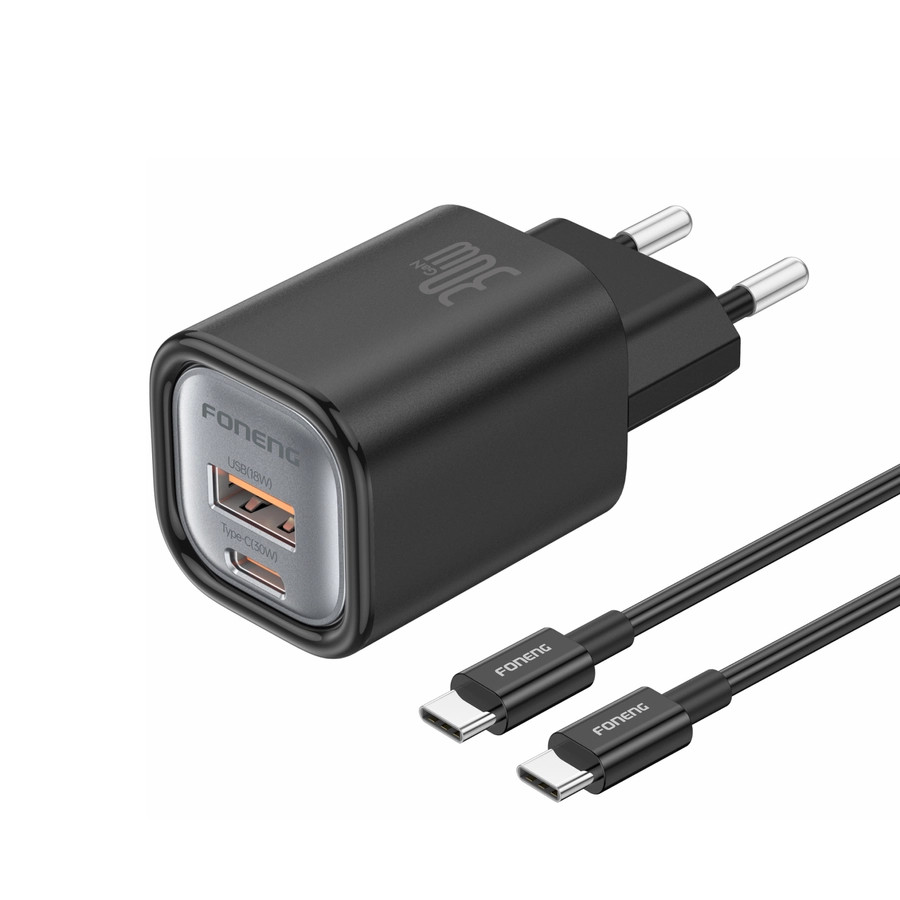 Síťová nabíječka FONENG EU71 PD 30W USB-C + USB-A QC3.0 + USB-C / USB-C cable, black