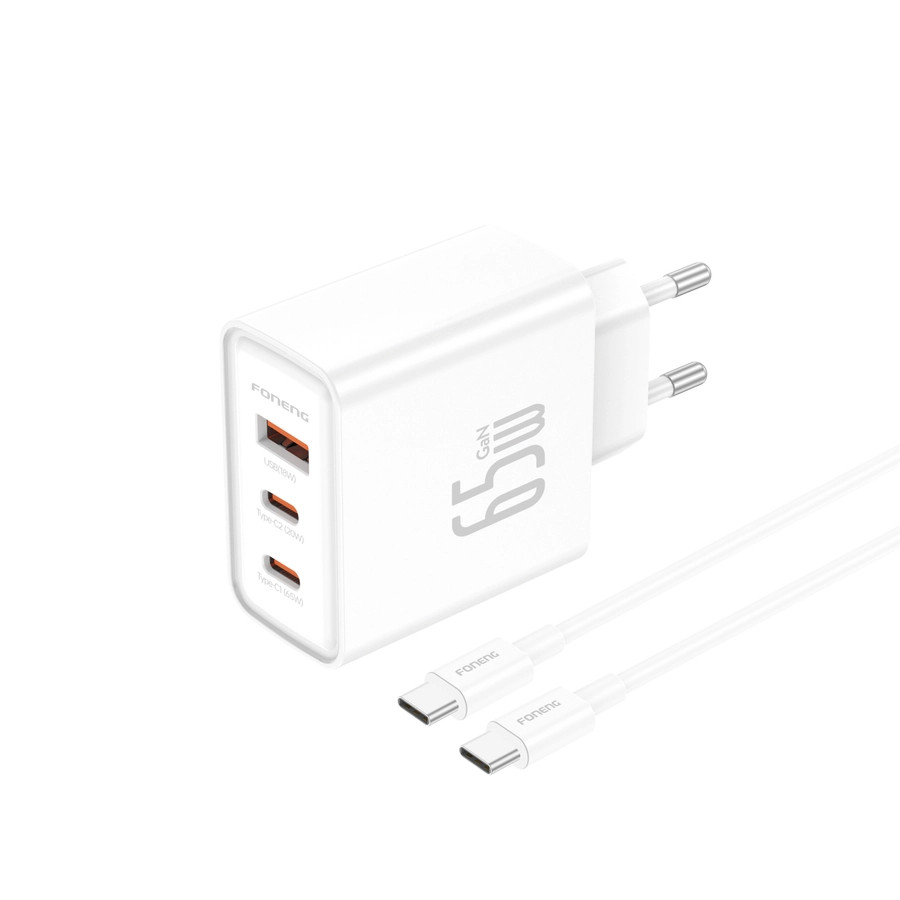 Síťová nabíječka FONENG Gan50-EU  GaN PD 65W 2xUSB-C + USB-A QC3.0 + USB-C / USB-C cable, white