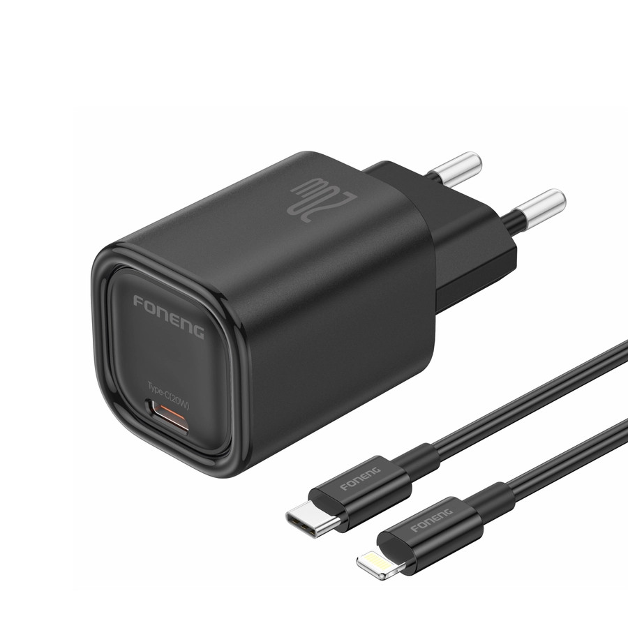 Síťová nabíječka FONENG EU69  PD 20W USB-C + USB-C / Lightning cable, black