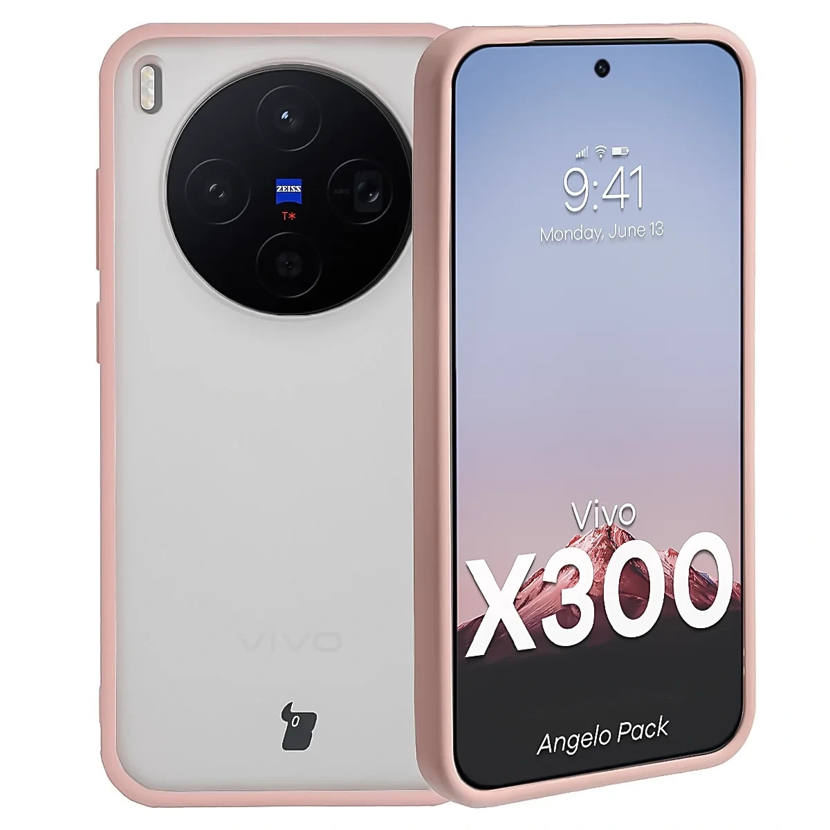 Kryt Bizon Angelo Pack Vivo X300, semi-transparent with a light pink frame