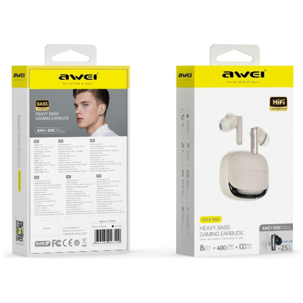 Sluchátka AWEI TA19 ANC Wireless In-Ear  Bluetooth 6.0 TWS + Docking Station Beige
