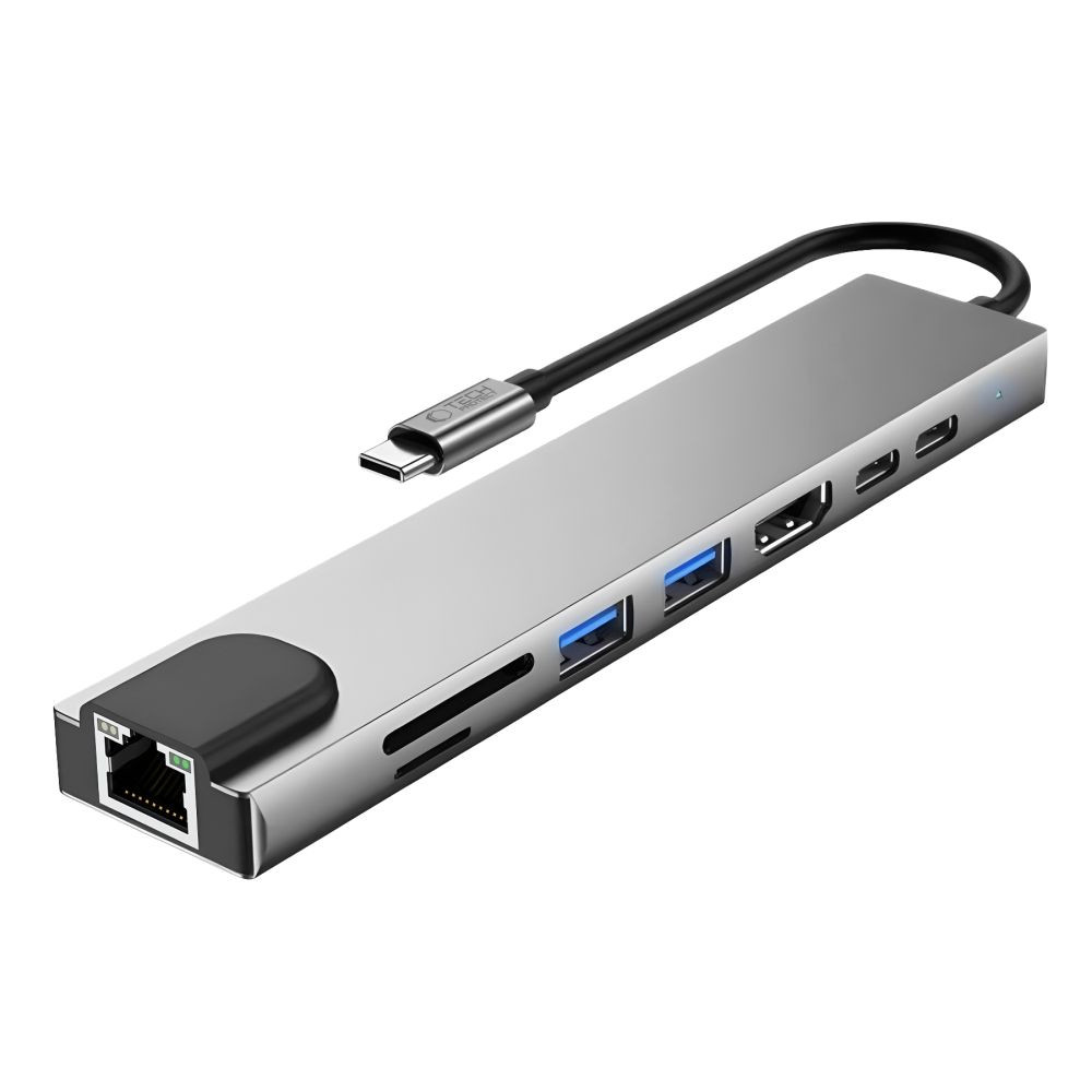 Kryt Tech-Protect HB09 Hub Adapter 8in1 USB-C / 2xUSB-A 3.0, USB-C 3.0, USB-C PD 100W, HDMI 4K 60Hz, SD/TF, RJ45 1000Mb/s Space Grey