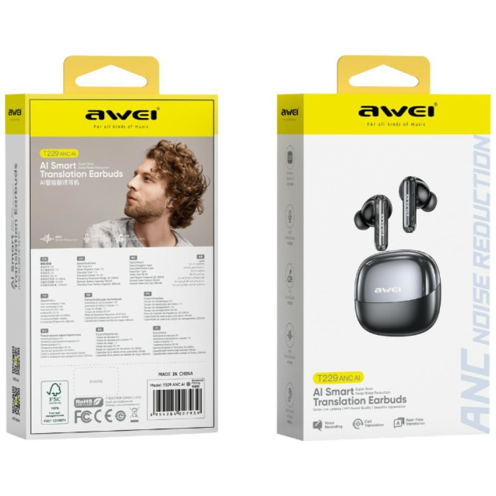 Sluchátka AWEI T229 ANC AI Wireless in-ear  + docking station galvanized gunmetal