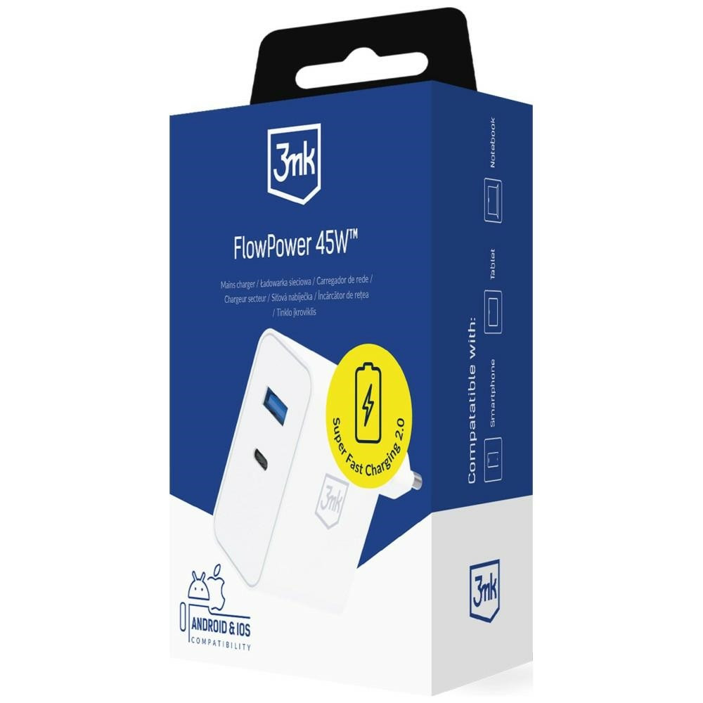Síťová nabíječka 3MK FlowPower USB-A, USB-C 45W PD 3.0 QC4+ white