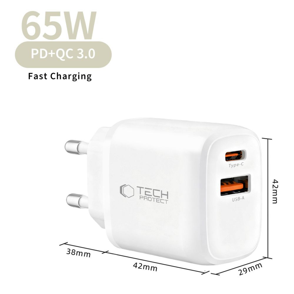 Síťová nabíječka Tech-Protect NCA65W-GAN USB-A, USB-C Network Charger PD 65W / QC3.0 White