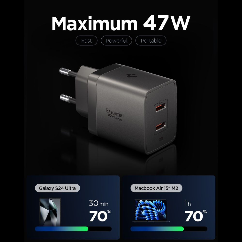Síťová nabíječka Spigen EE472EU-GAN Essential 2xUSB-C Network Charger 47W Gunmetal