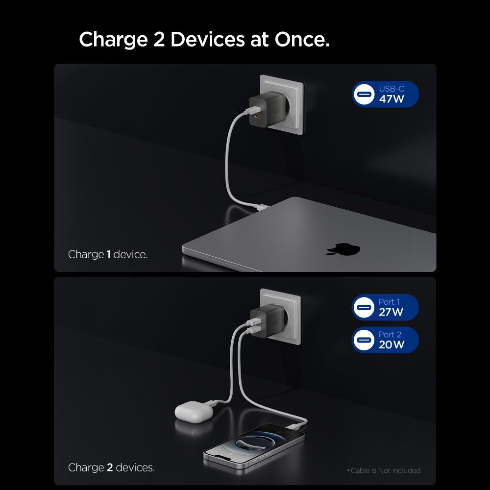 Síťová nabíječka Spigen EE472EU-GAN Essential 2xUSB-C Network Charger 47W Gunmetal