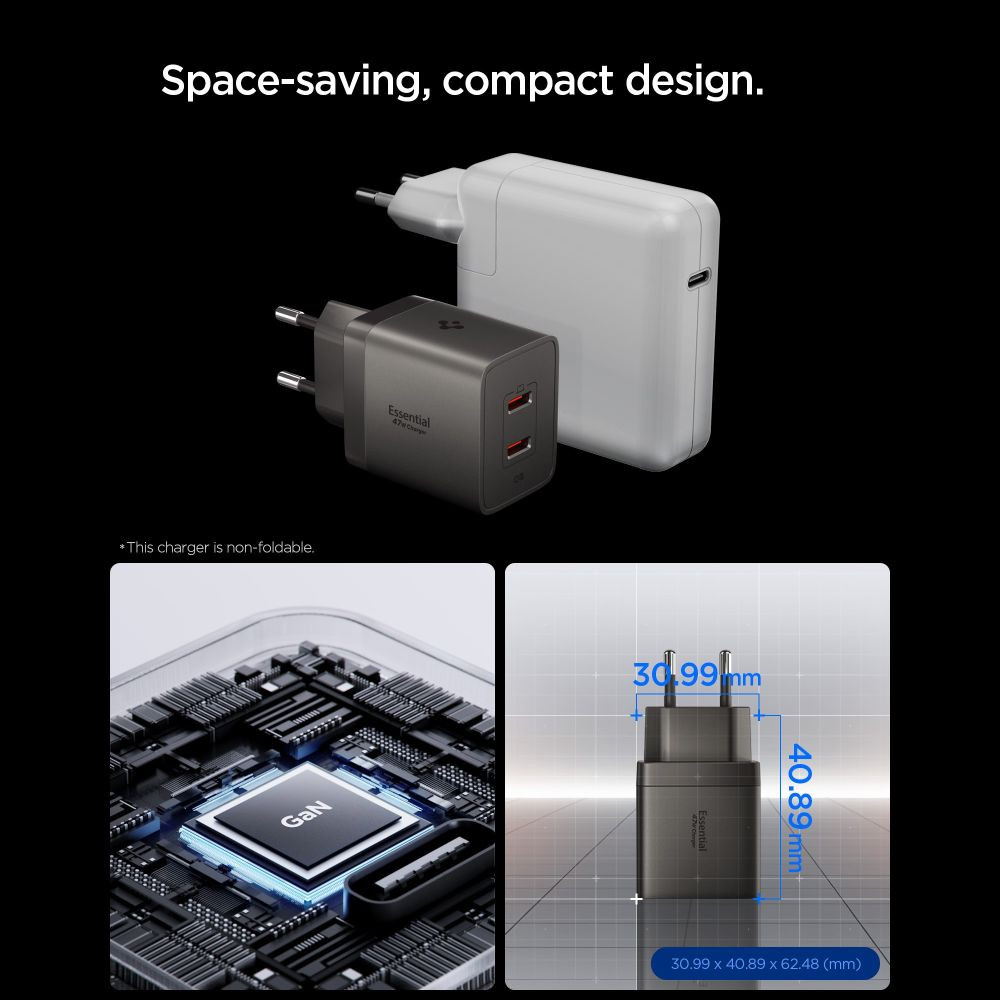 Síťová nabíječka Spigen EE472EU-GAN Essential 2xUSB-C Network Charger 47W Gunmetal