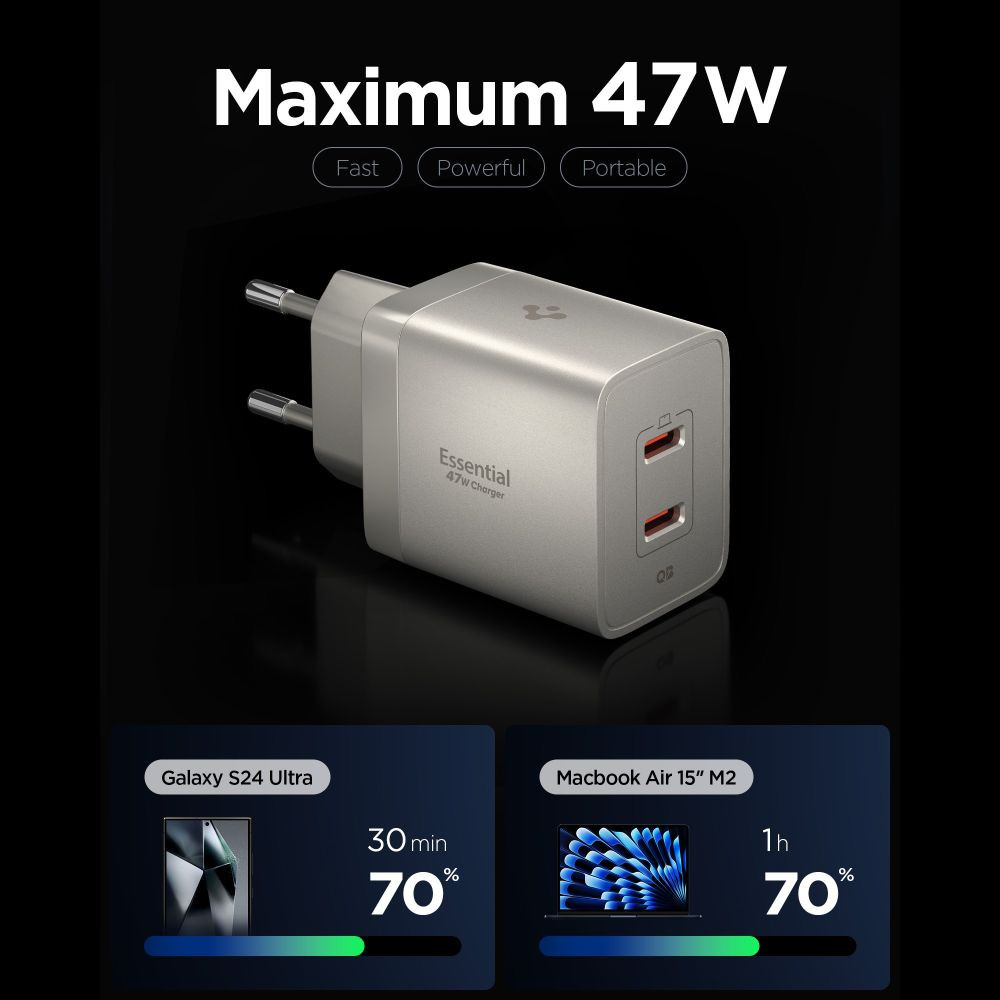 Síťová nabíječka Spigen EE472EU-GAN Essential 2xUSB-C Network Charger 47W Natural Titanium