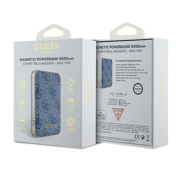 Induction Powerbank Guess GUPB5FP4EMGB 5000mAh 15W 4G Leather Metal Logo MagSafe blue