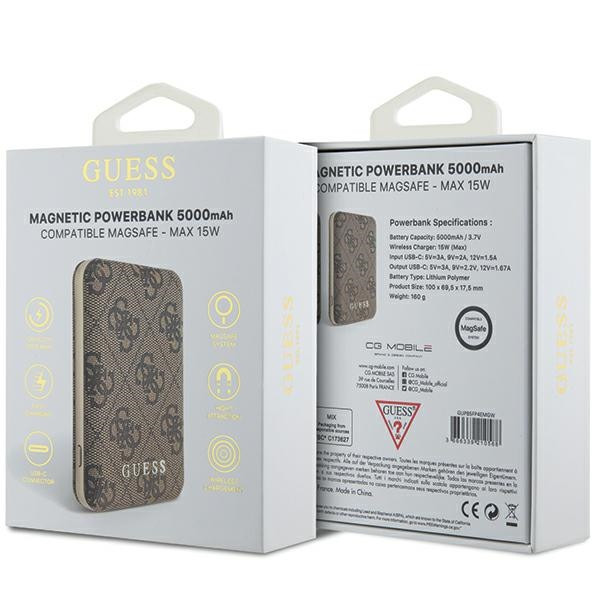 Induction Powerbank Guess GUPB5FP4EMGW 5000mAh 15W 4G Leather Metal Logo MagSafe brown