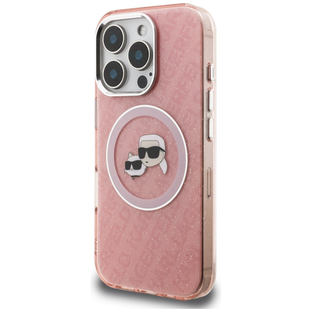 Kryt Karl Lagerfeld IML Glitter Karl & Choupette Heads Logo MagSafe Apple iPhone 16 Pro Max pink