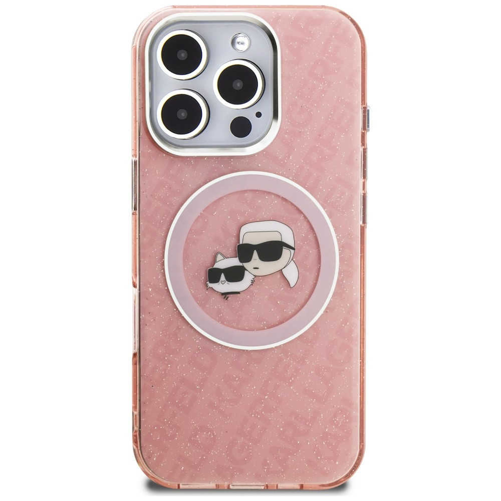Kryt Karl Lagerfeld IML Glitter Karl & Choupette Heads Logo MagSafe Apple iPhone 16 Pro Max pink