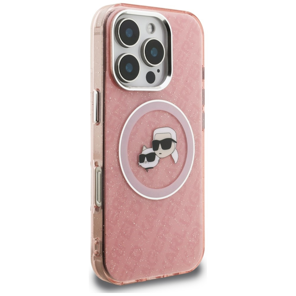 Kryt Karl Lagerfeld IML Glitter Karl & Choupette Heads Logo MagSafe Apple iPhone 16 Pro Max pink