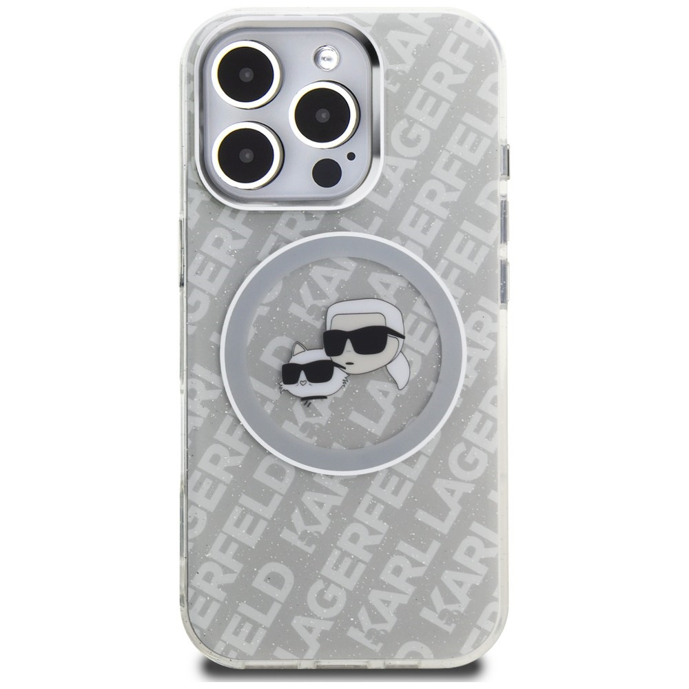 Kryt Karl Lagerfeld IML Glitter Karl & Choupette Heads Logo MagSafe Apple iPhone 16 Pro grey