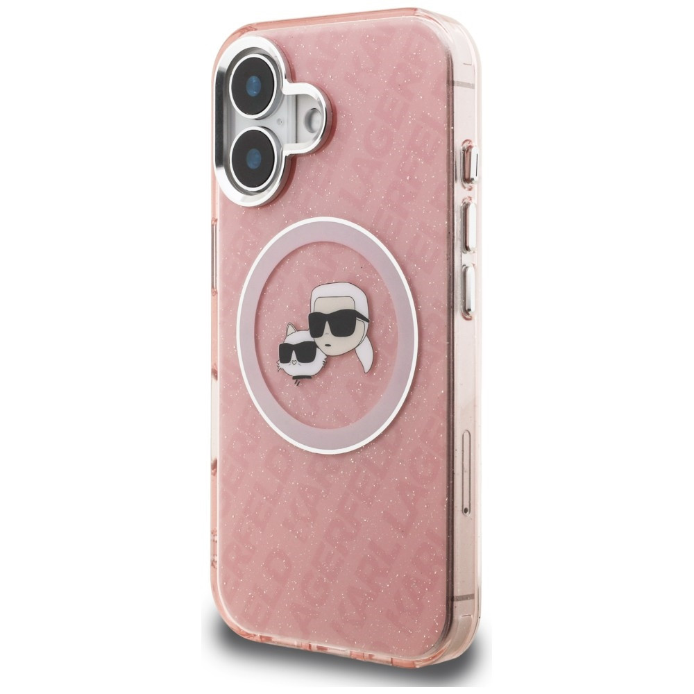 Kryt Karl Lagerfeld IML Glitter Karl & Choupette Heads Logo MagSafe Apple iPhone 16 pink