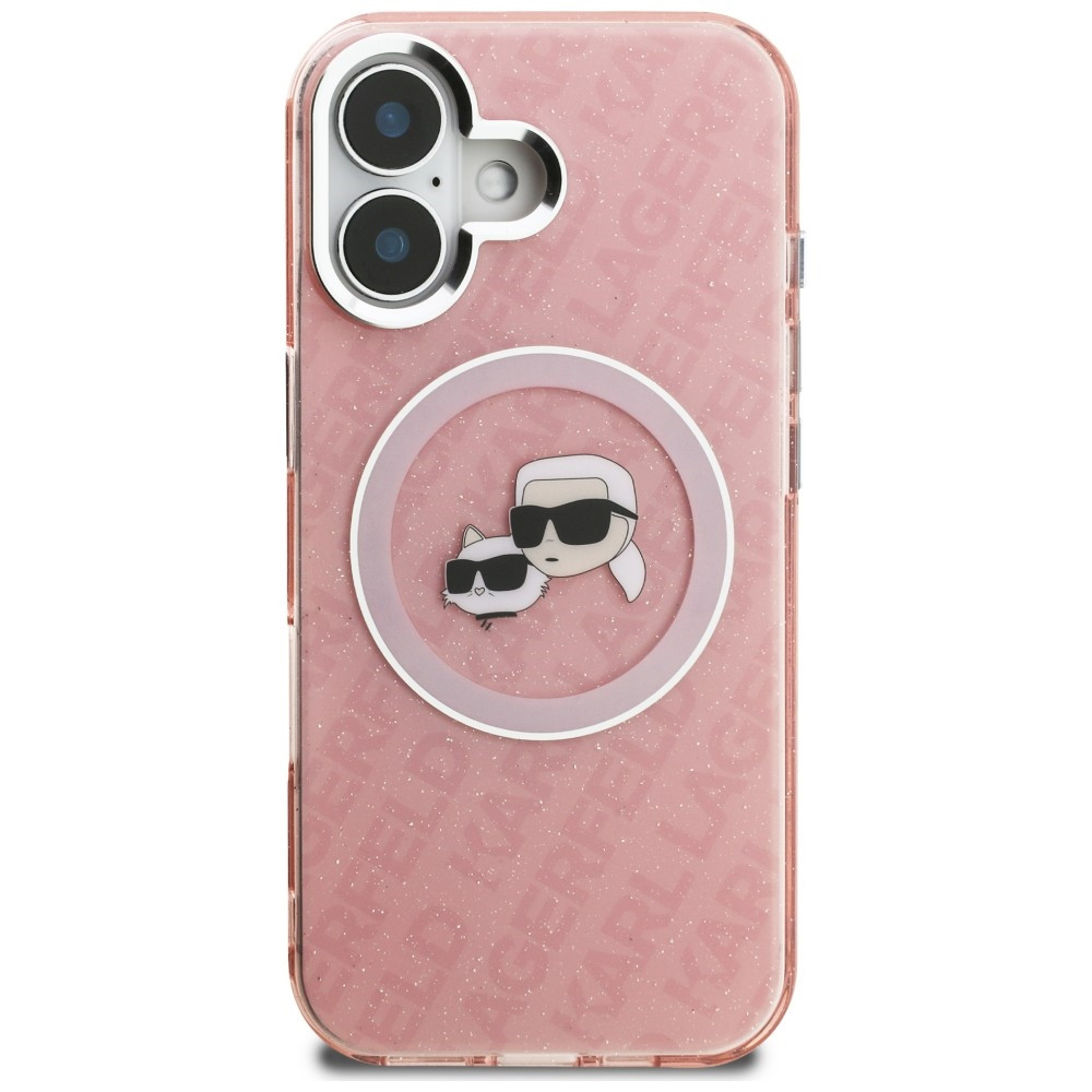 Kryt Karl Lagerfeld IML Glitter Karl & Choupette Heads Logo MagSafe Apple iPhone 16 pink