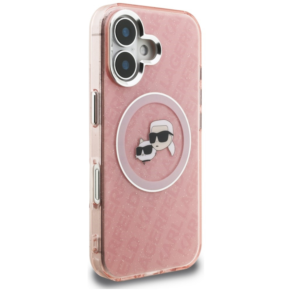 Kryt Karl Lagerfeld IML Glitter Karl & Choupette Heads Logo MagSafe Apple iPhone 16 pink