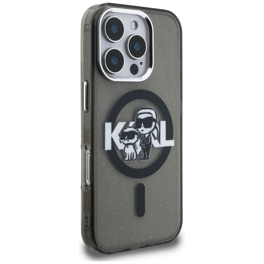 Kryt Karl Lagerfeld IML Glitter Karl & Choupette Sketch Logo MagSafe Apple iPhone 16 Pro black