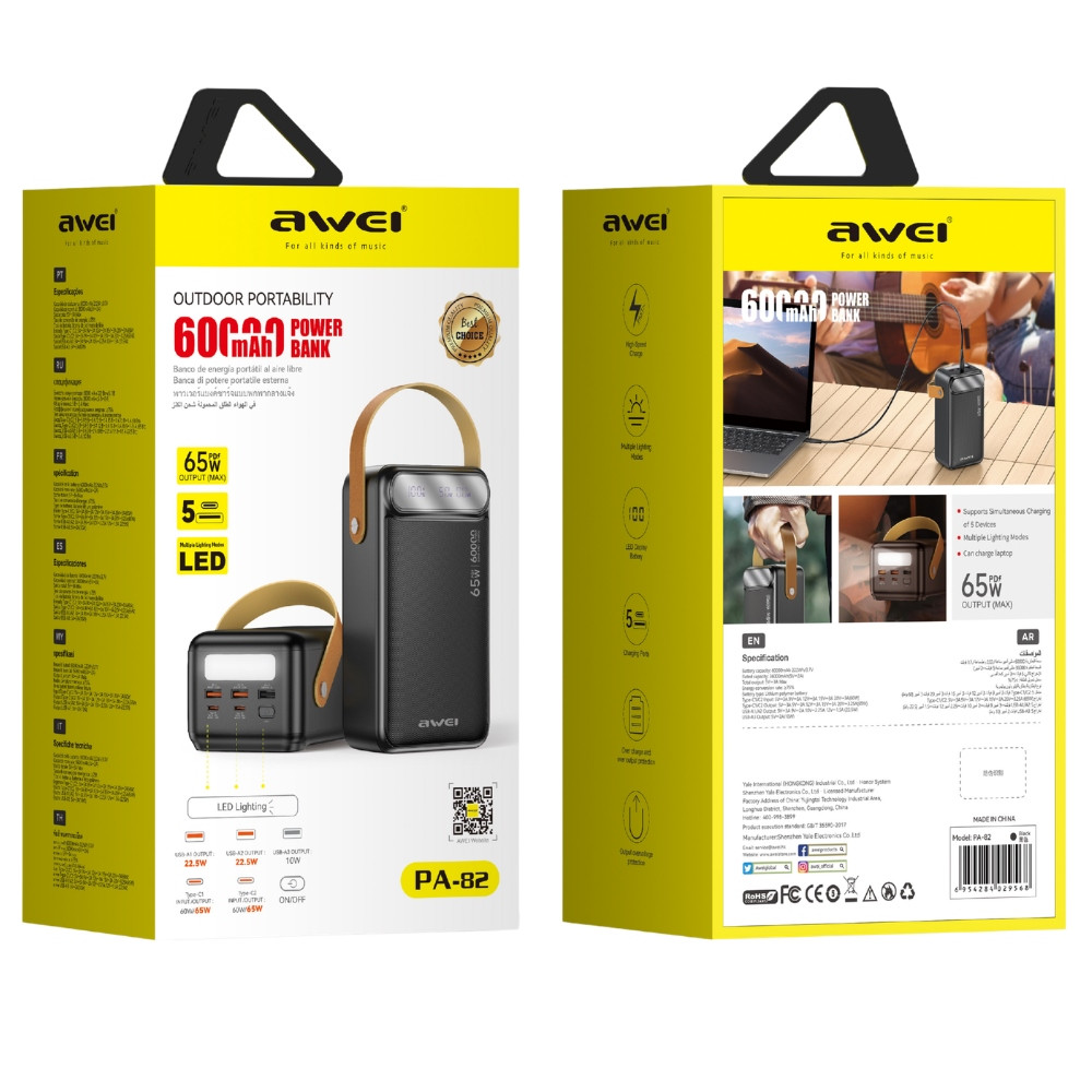 AWEI PA-82 Powerbank 60000mAh 65W PD 2xUSB-A, USB-C black