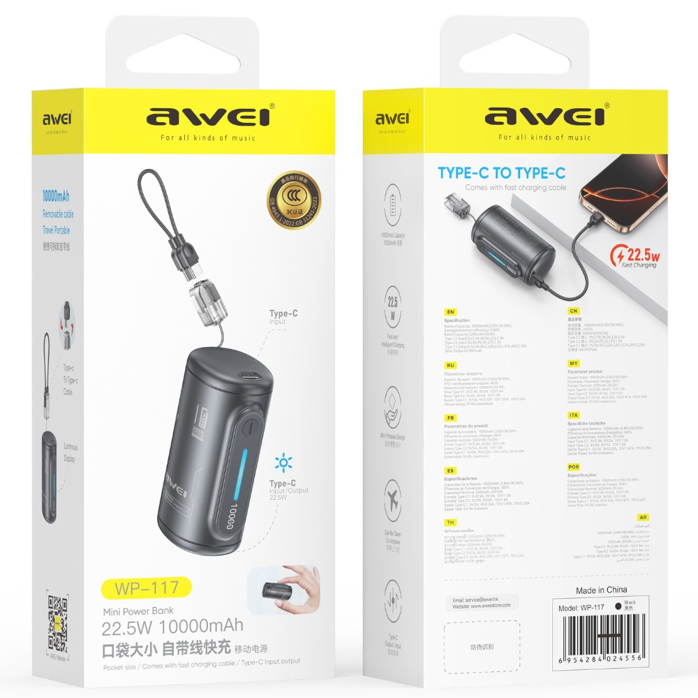 Powerbank AWEI WP-117 10000mAh 22.5W 3C 2xUSB-C black
