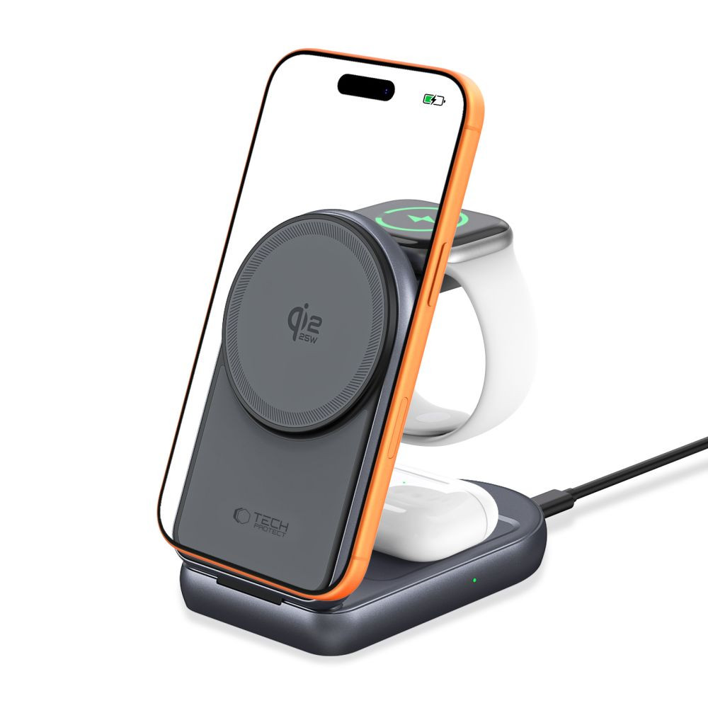 Bezdrátová nabíječka Tech-Protect A53 3in1 Magnetic MagSafe Wireless Charger 25W Qi2.2 Dark Grey